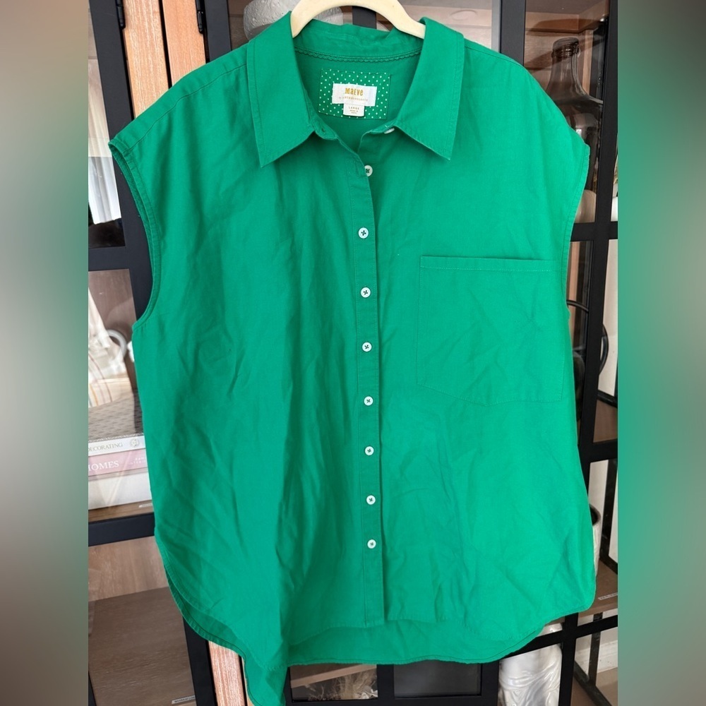 Maeve Anthropologie button down shirt tunic pocket collar short sleeve kelly top